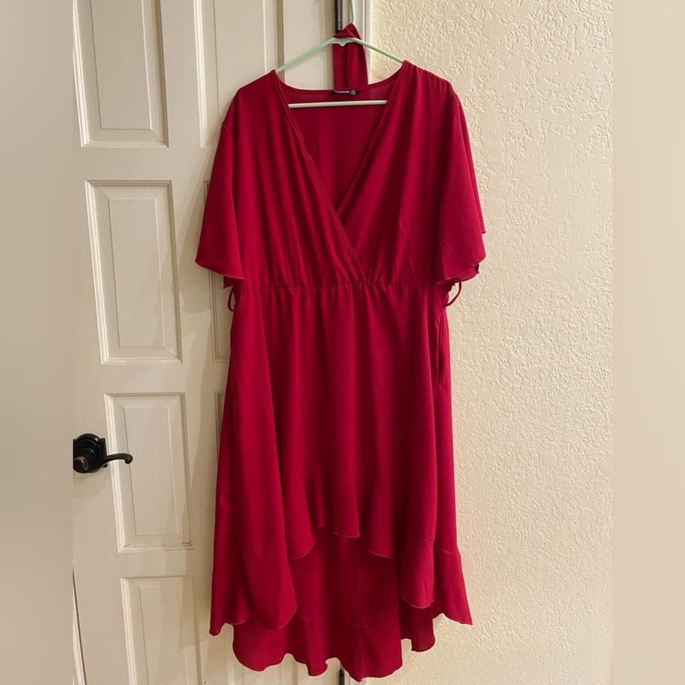 Bloom Dress - Solid Tie Surplice Ruffle High Low Dress Burgundy / 16/1X
